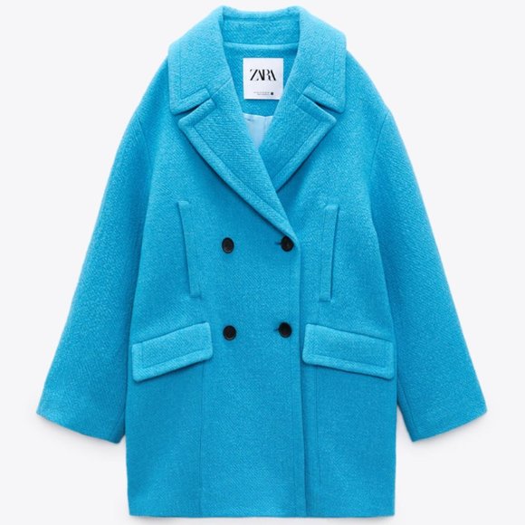 ZARA WOMEN NEW OVERSIZED DOUBLE-BREASTED COAT WOOL BLEND TURQUOISE SIZE M 2… - Picture 6 of 10